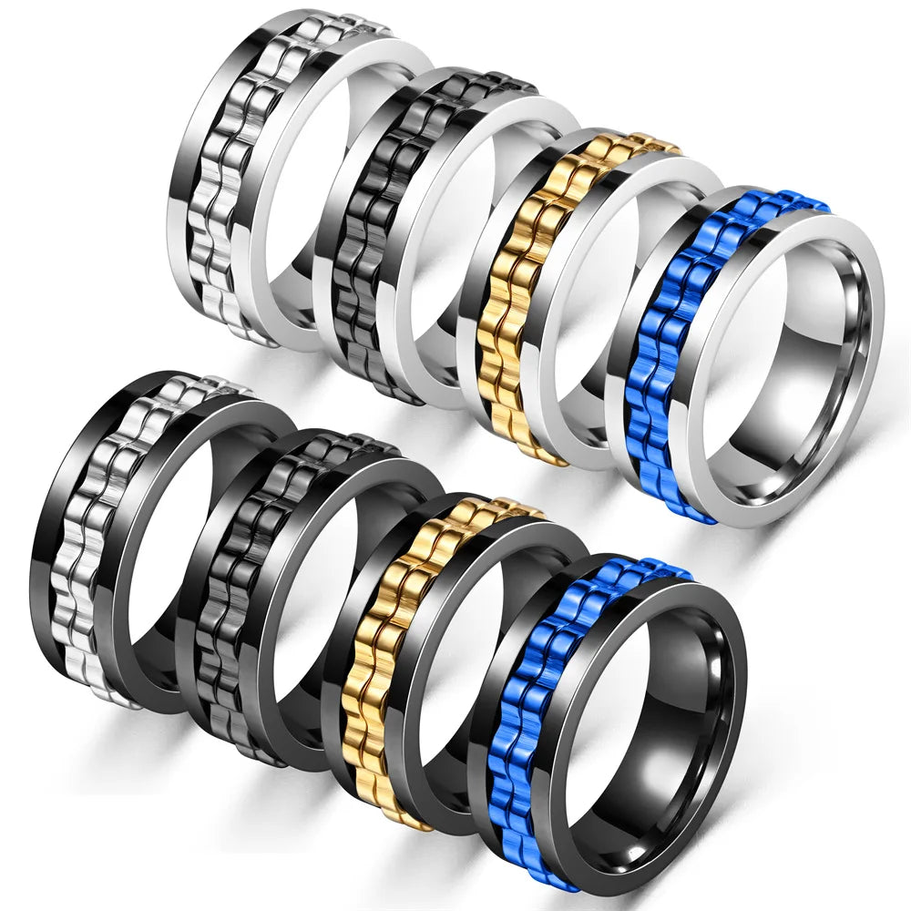 Stainless Steel Spinning Fidget Ring – Rotating Gear Chain Sensory Ring for Men