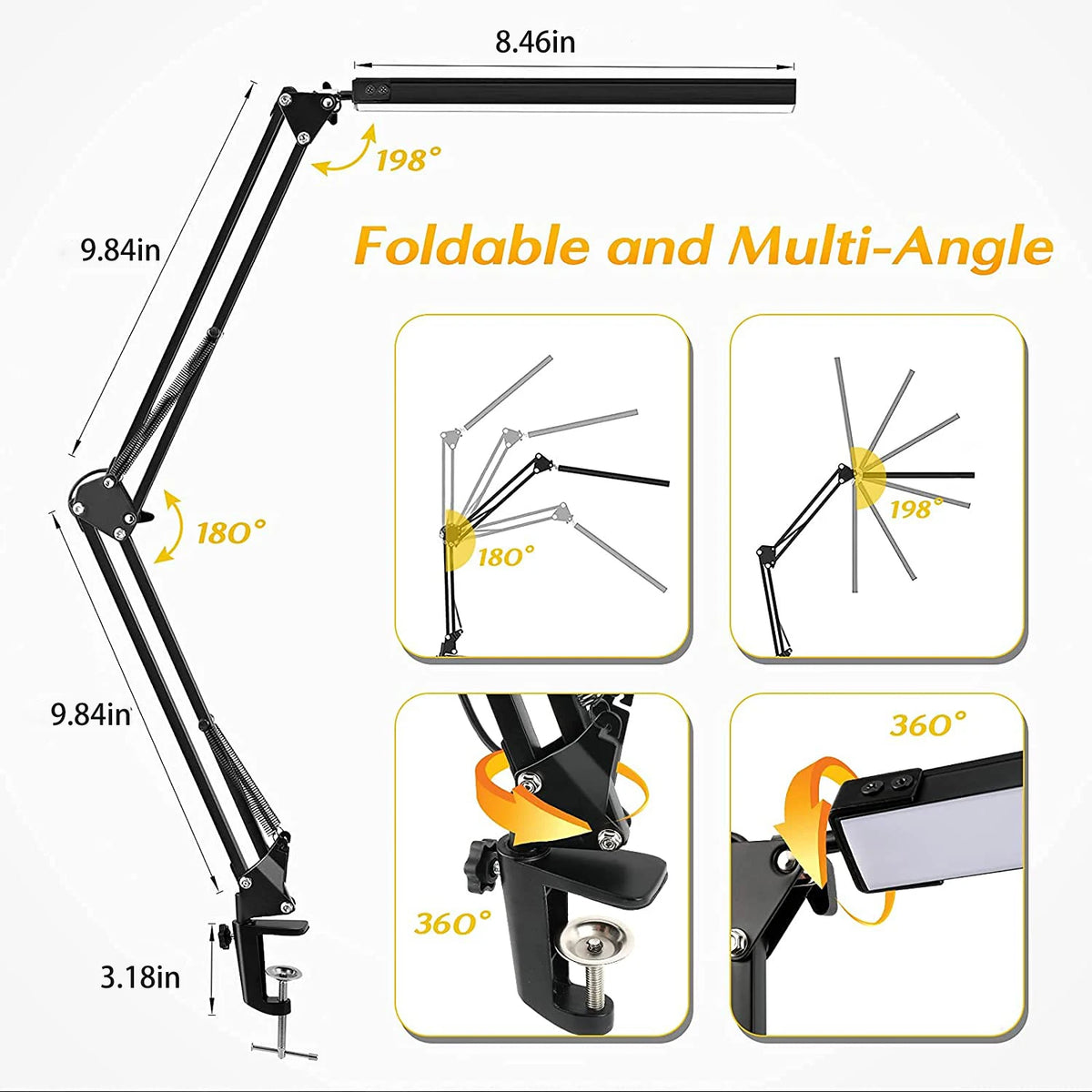Eye-Caring LED Folding Metal Desk Lamp  Adjustable  Brightness Levels Flexible Rotating Lamp Head for Home Reading PC