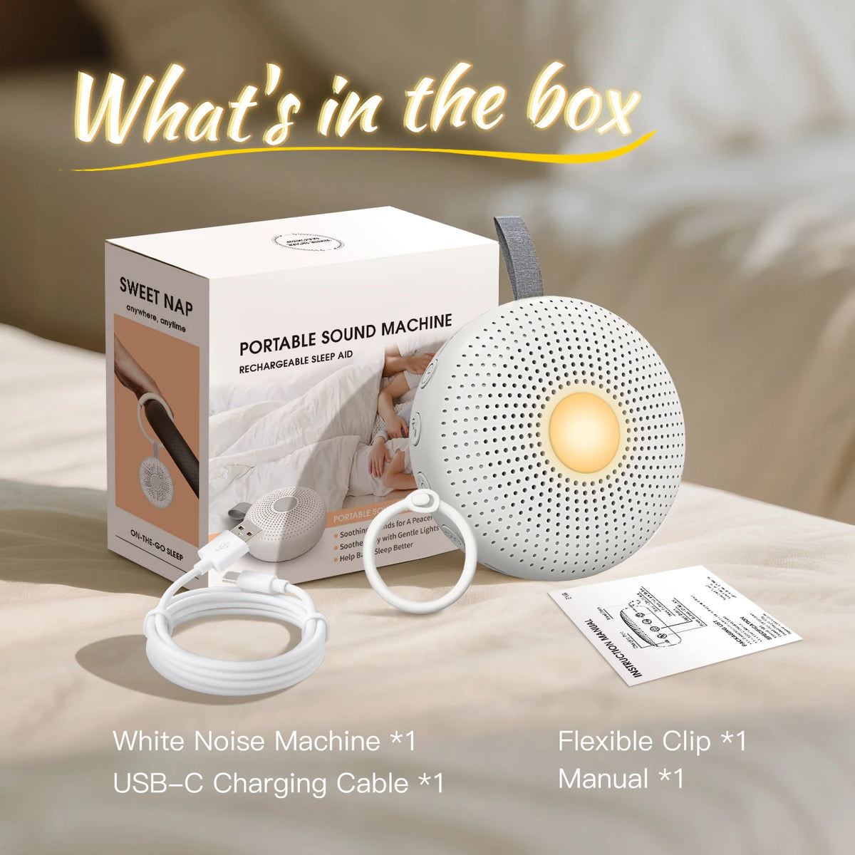 Portable White Noise Machine – 15 Soothing Sounds, Night Light & Rechargeable Design