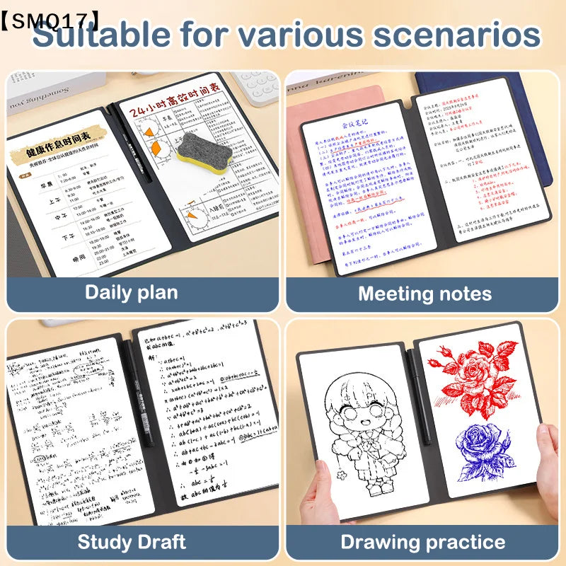 1Pc Reusable Whiteboard Notebook Set With Whiteboard Pen Erasing Cloth Leather Memo Weekly Planner Portable Stylish Office【SMQ】