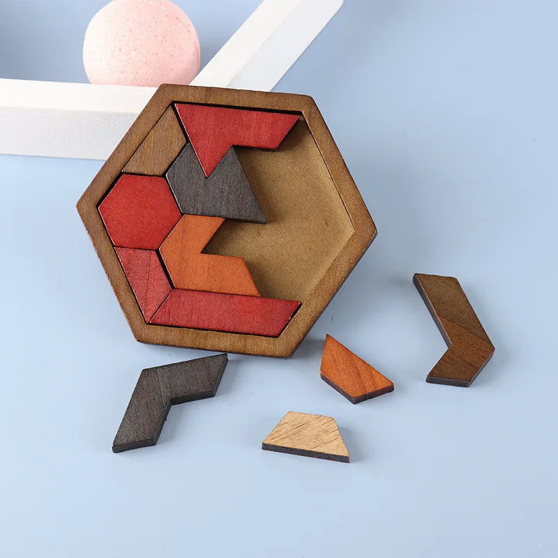 Hexagonal Wooden Puzzle – 11-Piece Interlocking Brain Teaser
