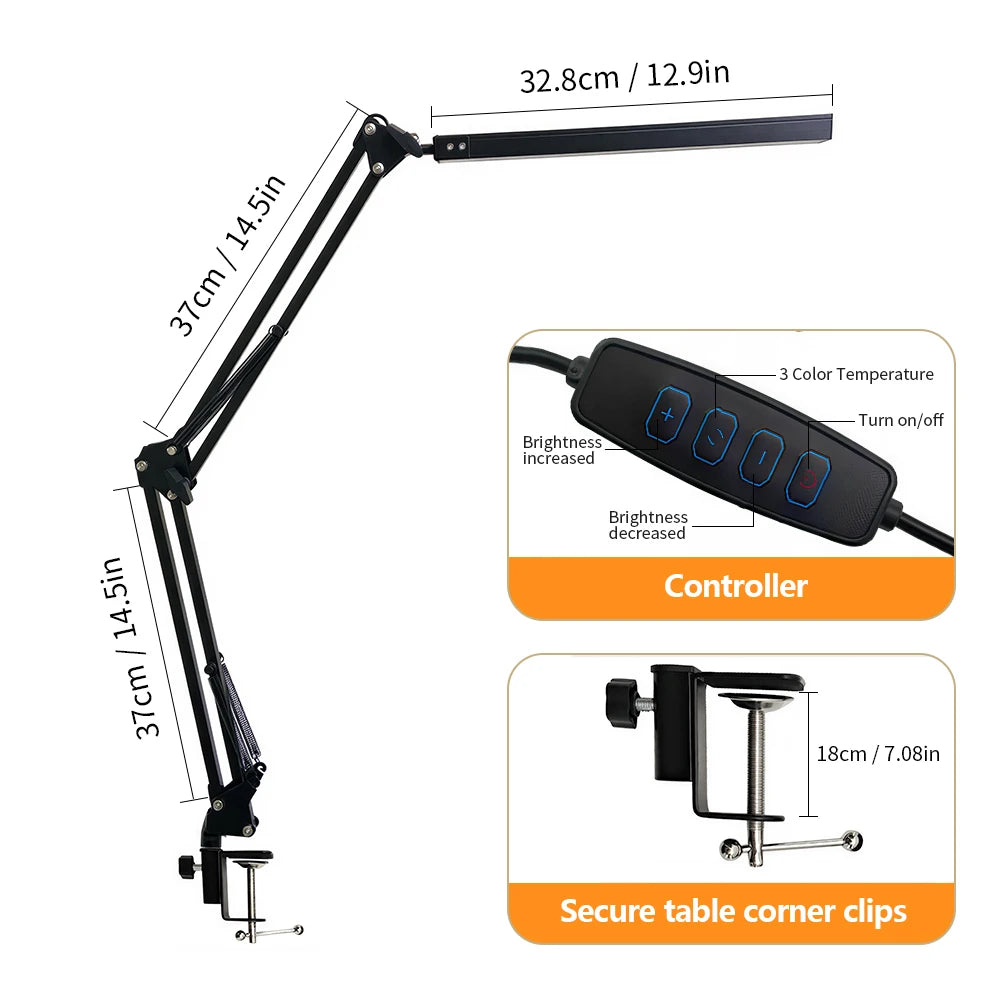 Eye-Caring LED Folding Metal Desk Lamp  Adjustable  Brightness Levels Flexible Rotating Lamp Head for Home Reading PC