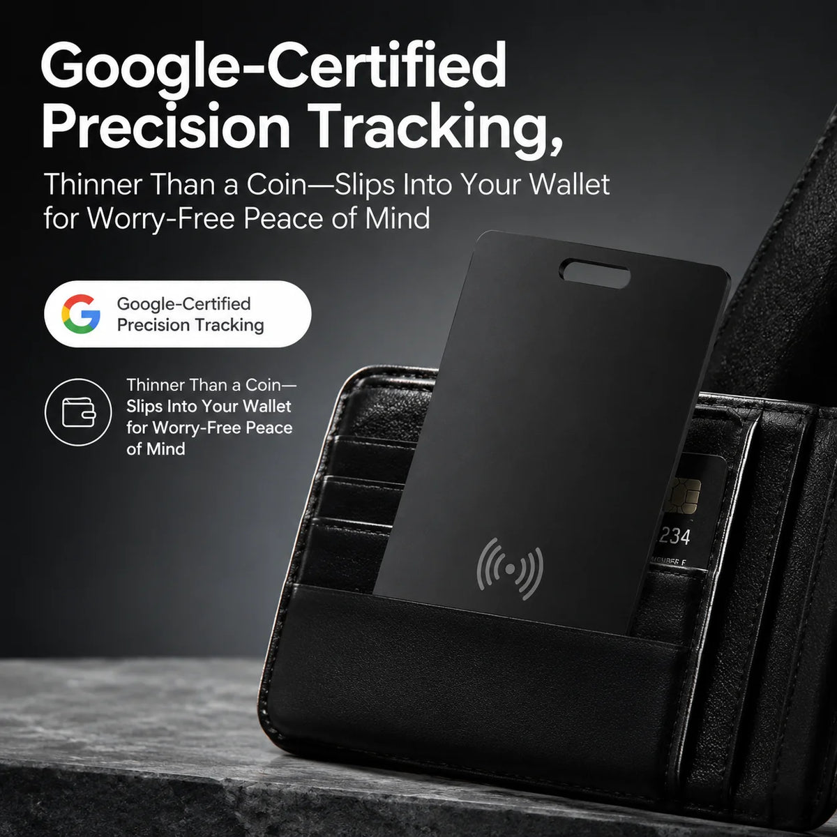 Wallet Tracker Card: Ultra-thin, GPS Tracking, Compatible with Google's “Find Hub” App,  Supports Wireless Charging