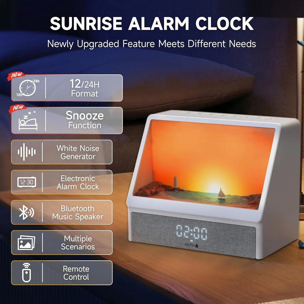 Sunrise Wake-Up Light Alarm Clock – 12 Soothing Sounds & Snooze Function