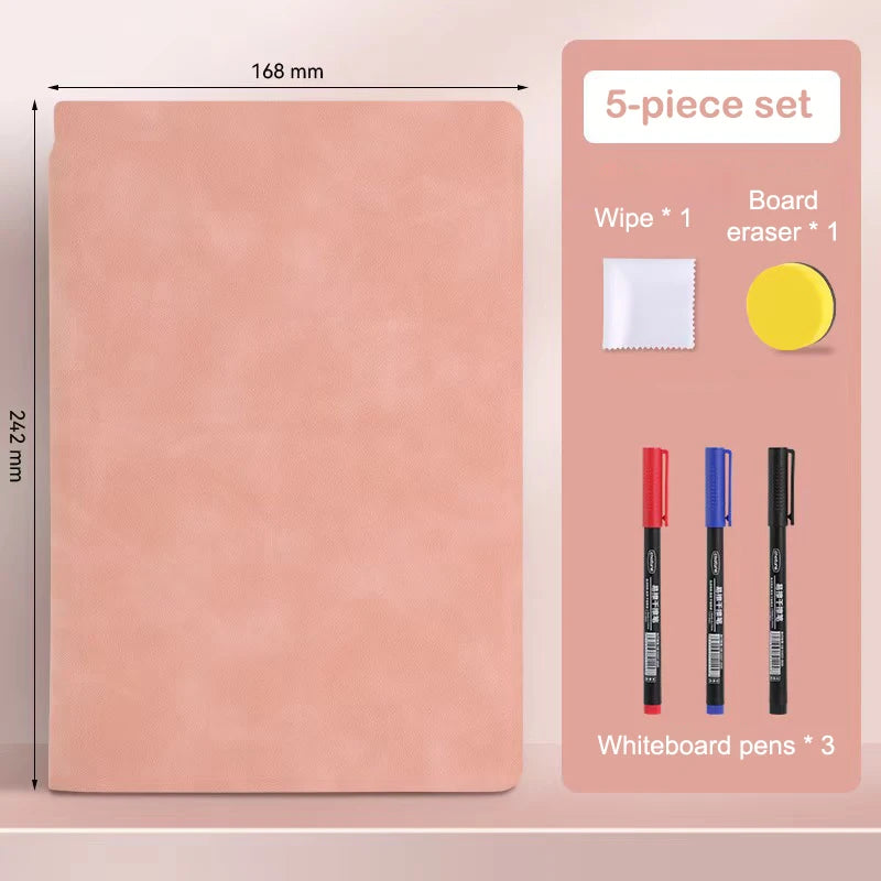 1Pc Reusable Whiteboard Notebook Set With Whiteboard Pen Erasing Cloth Leather Memo Weekly Planner Portable Stylish Office【SMQ】