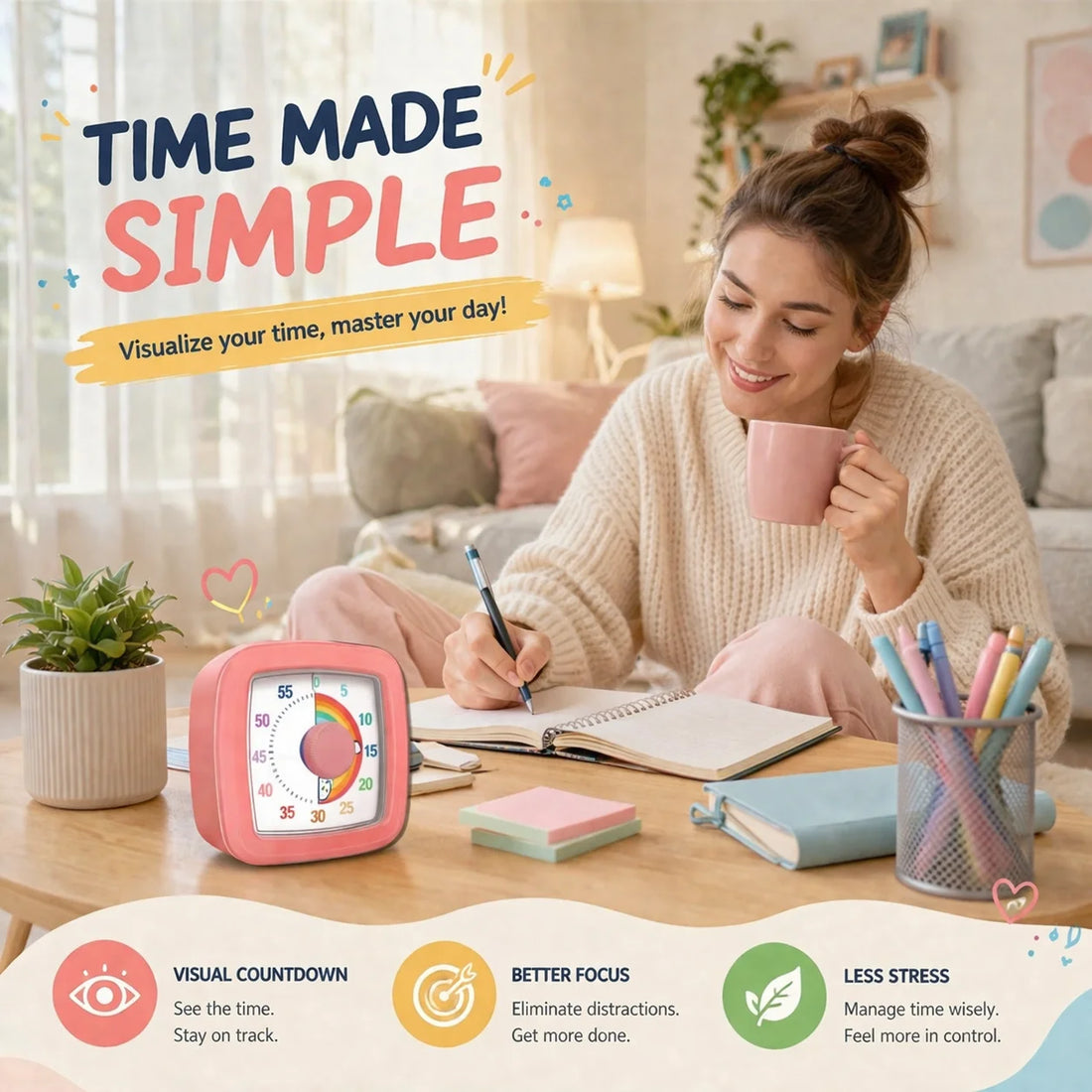Visual Pomodoro Timer with Night Light – Digital Focus & Countdown Timer