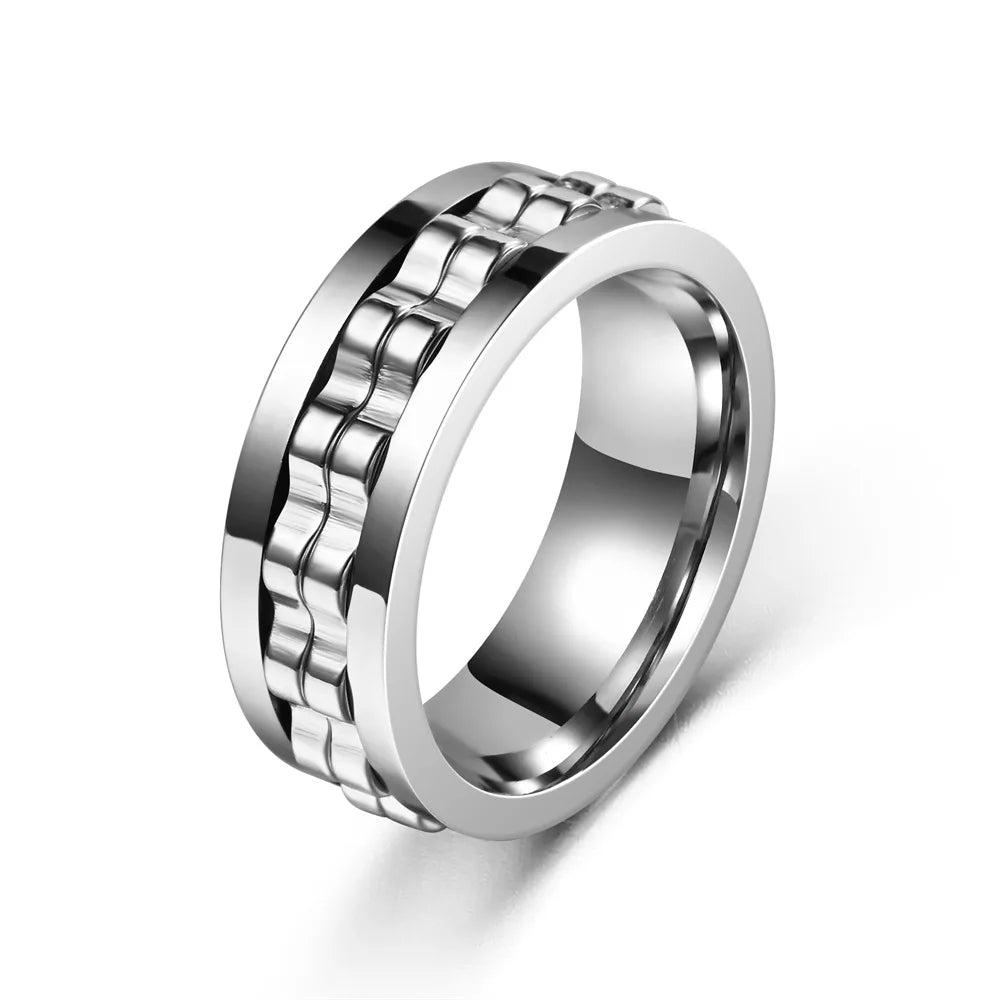 Stainless Steel Spinning Fidget Ring – Rotating Gear Chain Sensory Ring for Men